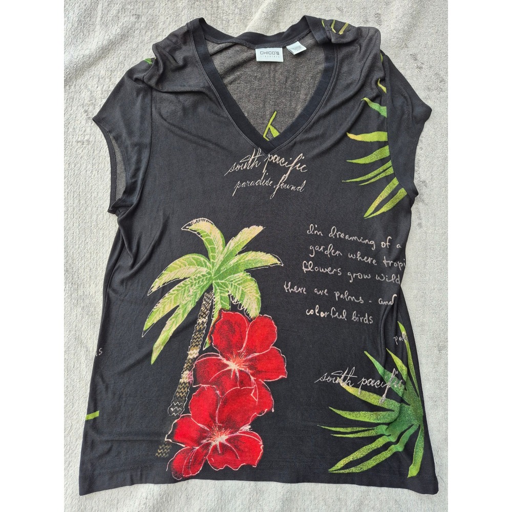 Chicos Travelers Black Tropical South Pacific V-Neck Sleeveless Top Size 3 L XL